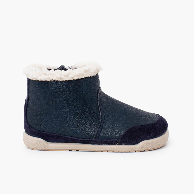 Bottines barefoot neocuir col fourrure mouton bleu