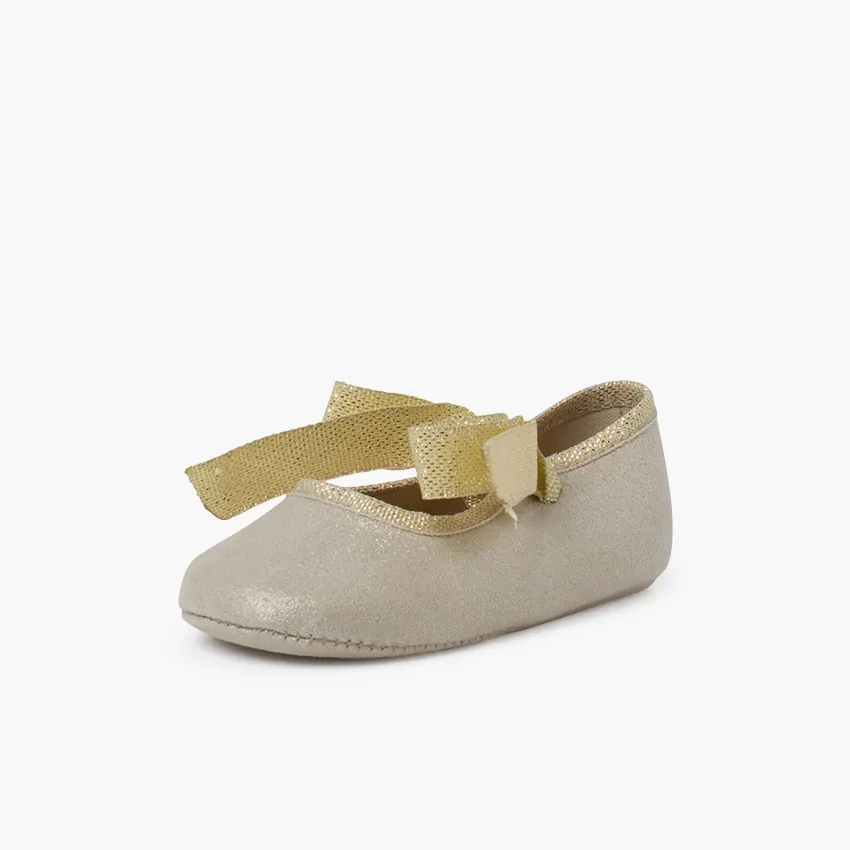 Chaussons bébé nœud brillant or 2