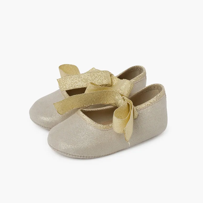 Chaussons bébé nœud brillant or 4