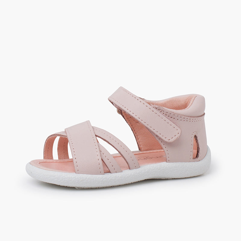 SANDALES FILLES A CUIR A LANIERES ROSE - Ref. 1414