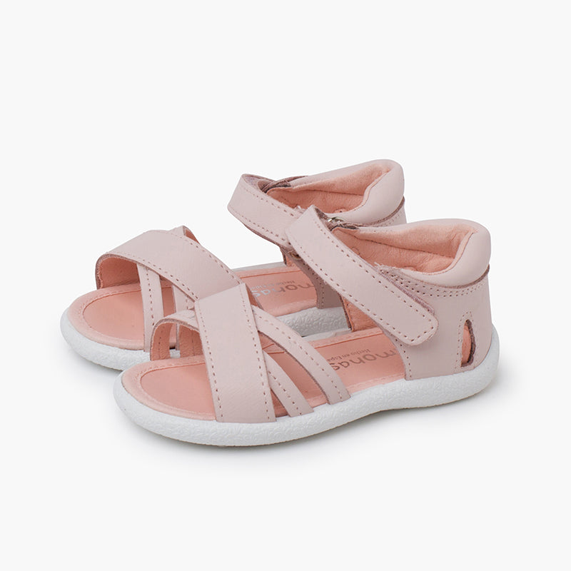SANDALES FILLES A CUIR A LANIERES ROSE - Ref. 1414